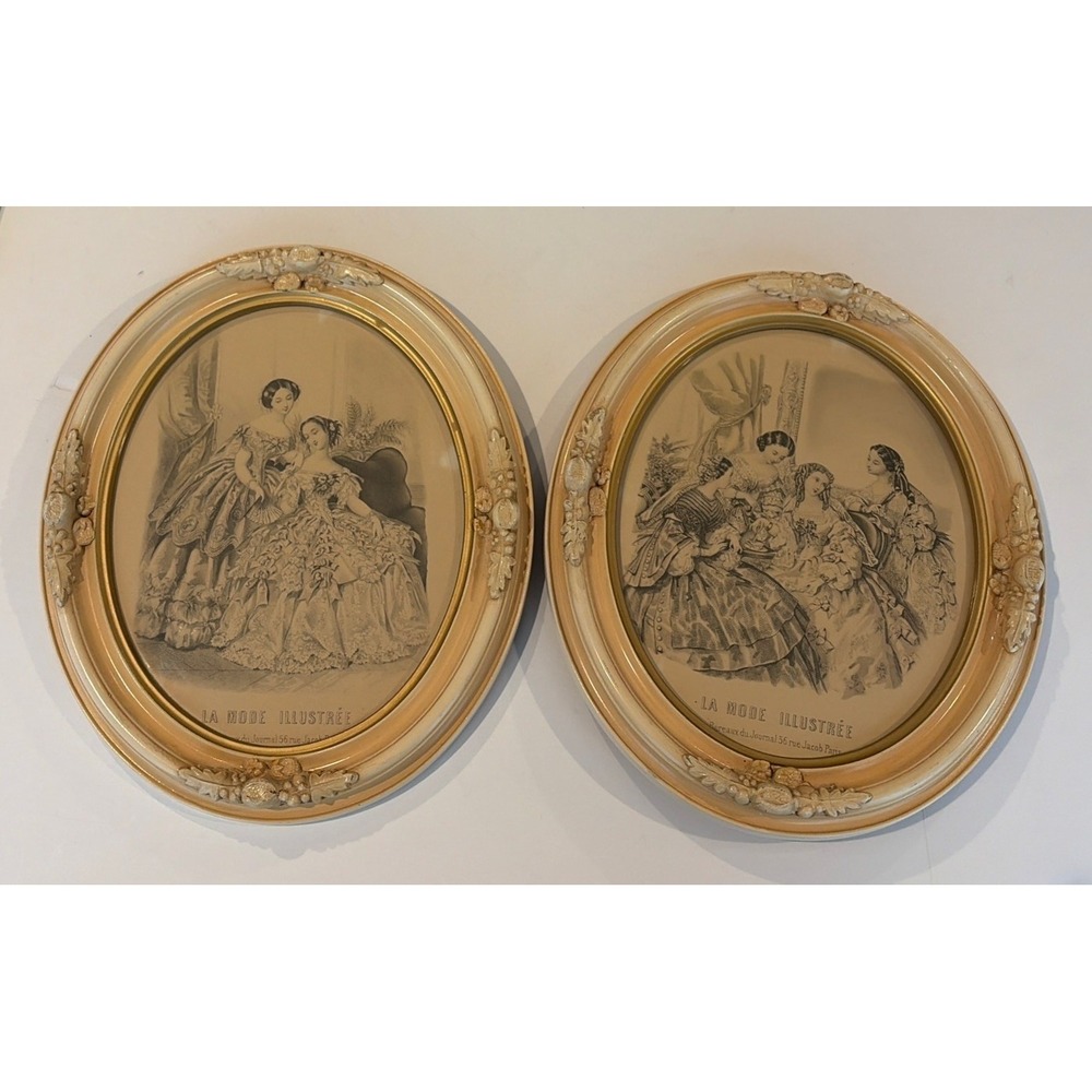 La Mode Illustree French Fashion Prints Pair Set 2 Oval Frames Victorian Paris